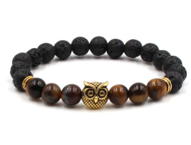 Pulsera de búho de piedra de lava negra natural de 8 mm
