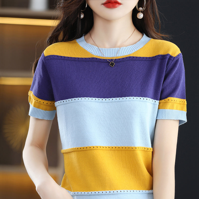 Blusa Tejida para Mujer de Manga Corta con Diseño de Rayas Tricolor