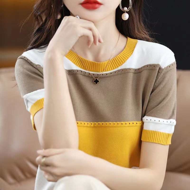 Blusa Tejida para Mujer de Manga Corta con Diseño de Rayas Tricolor