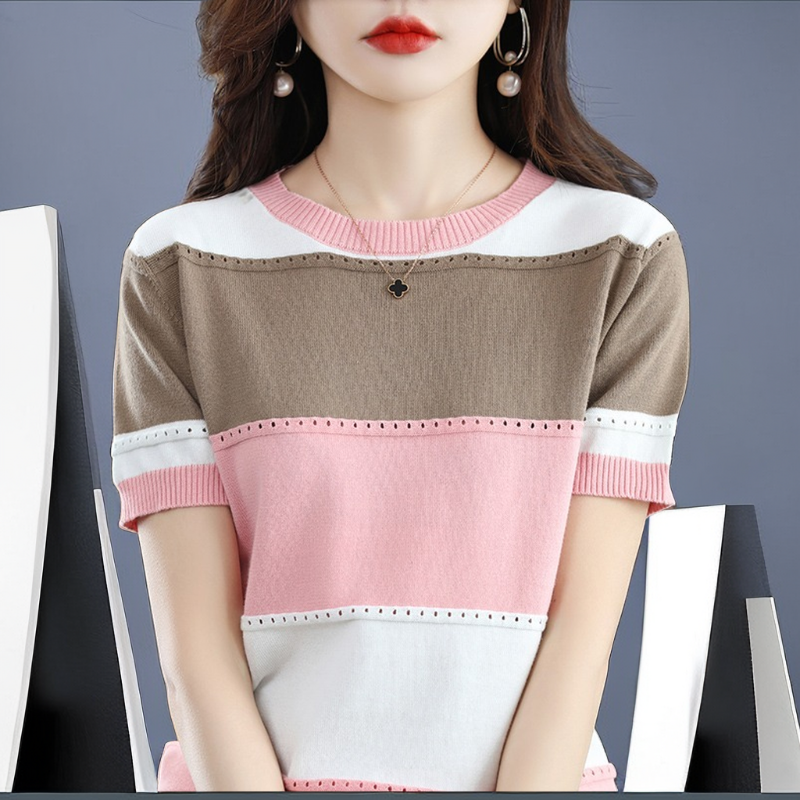 Blusa Tejida para Mujer de Manga Corta con Diseño de Rayas Tricolor
