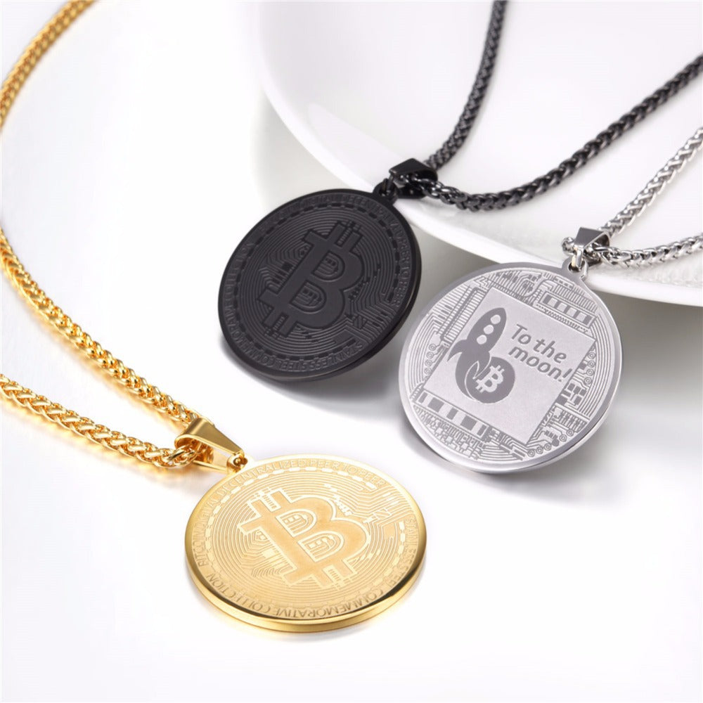 Collar con colgante de Bitcoin de acero de titanio para hombre