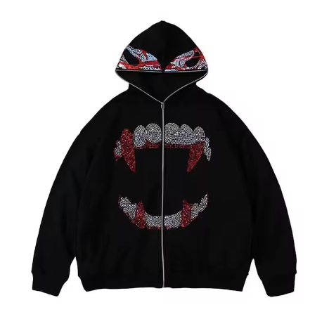 Sudadera con capucha y cremallera estilo punk gótico Y2K con pedrería