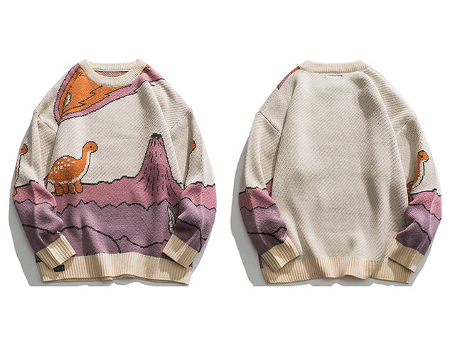 Suéter Vintage Oversize con Diseño de Dinosaurios – Estilo Retro