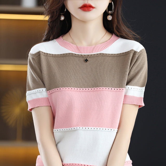 Blusa Tejida para Mujer de Manga Corta con Diseño de Rayas Tricolor