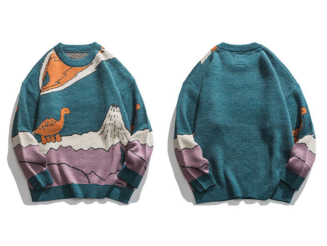 Suéter Vintage Oversize con Diseño de Dinosaurios – Estilo Retro