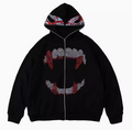 Sudadera con capucha y cremallera estilo punk gótico Y2K con pedrería