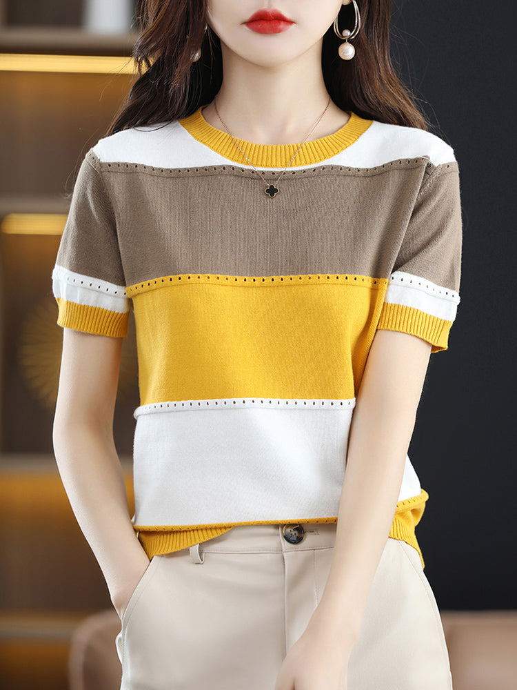 Blusa Tejida para Mujer de Manga Corta con Diseño de Rayas Tricolor
