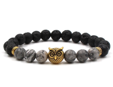 Pulsera de búho de piedra de lava negra natural de 8 mm