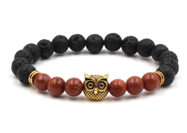 Pulsera de búho de piedra de lava negra natural de 8 mm