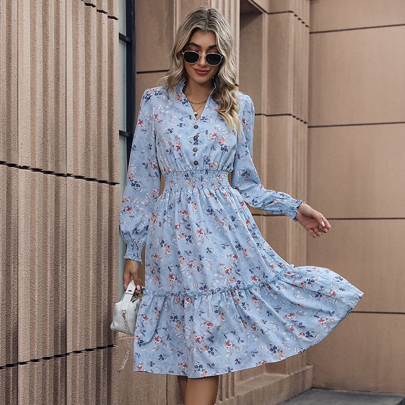 Vestido casual de manga larga con estampado floral para mujer
