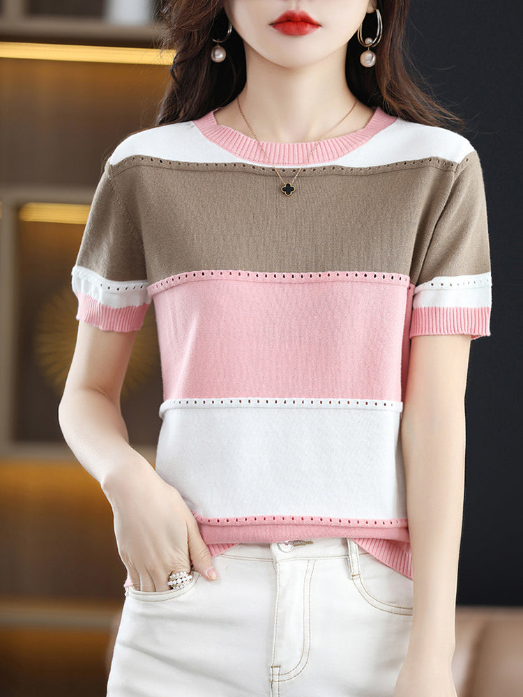 Blusa Tejida para Mujer de Manga Corta con Diseño de Rayas Tricolor