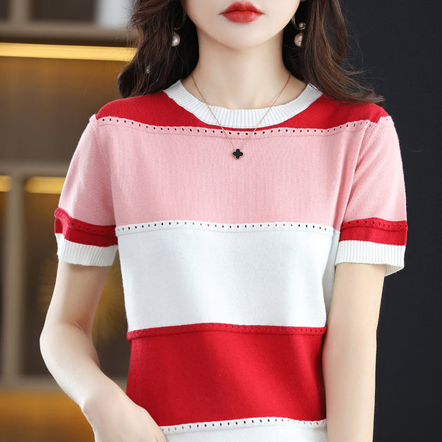 Blusa Tejida para Mujer de Manga Corta con Diseño de Rayas Tricolor