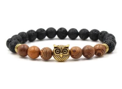 Pulsera de búho de piedra de lava negra natural de 8 mm