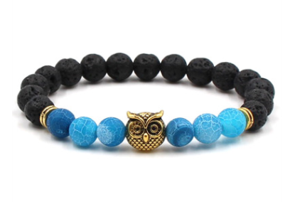 Pulsera de búho de piedra de lava negra natural de 8 mm
