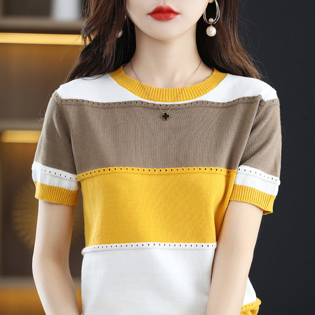 Blusa Tejida para Mujer de Manga Corta con Diseño de Rayas Tricolor