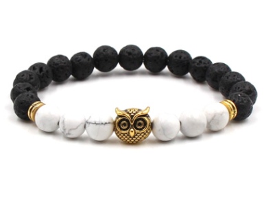 Pulsera de búho de piedra de lava negra natural de 8 mm
