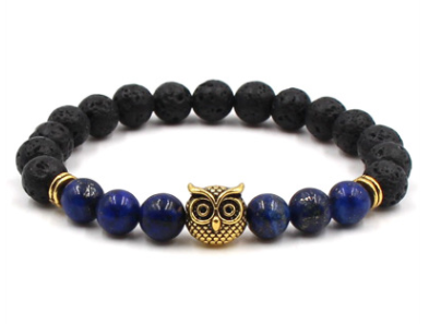 Pulsera de búho de piedra de lava negra natural de 8 mm