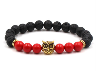Pulsera de búho de piedra de lava negra natural de 8 mm
